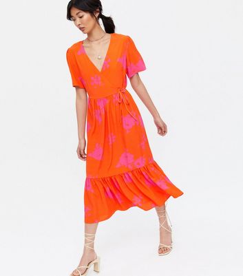 Orange Floral Wrap Tiered Midi Dress ...